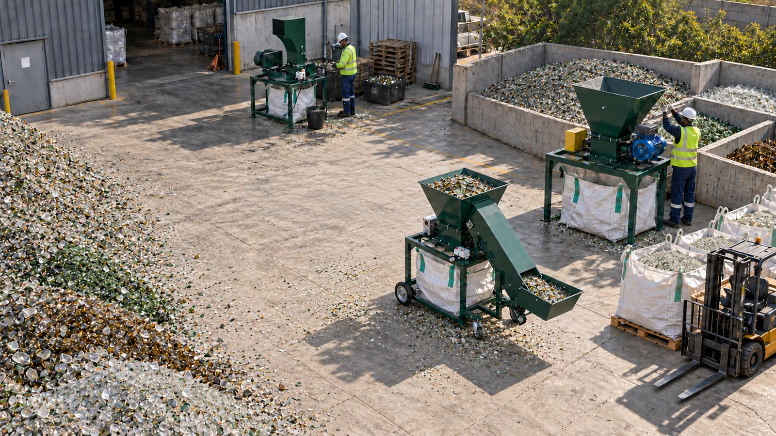 Illustrative glass-processing yard with separated glass stocks, compact equipment and collection bags